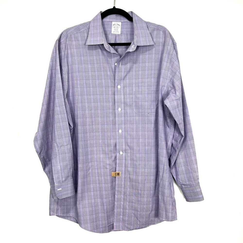 BROOKS BROTHERS purple plaid button up slim fit dress shirt E17